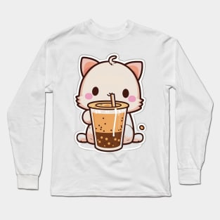 Cute Cat Drinking Bubble Tea Cartoon Boba Drawing Long Sleeve T-Shirt